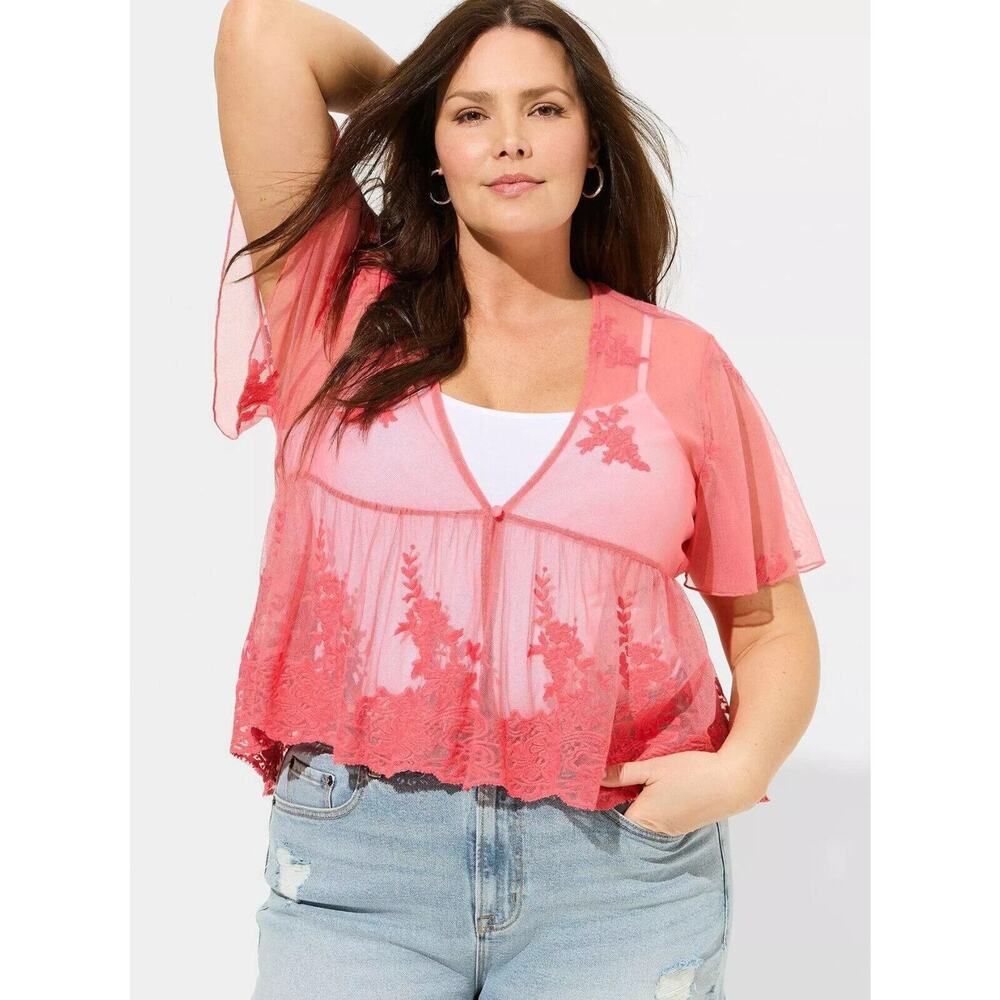 torrid Pink Sheer Floral Embroidered Flutter Sleeve Blouse